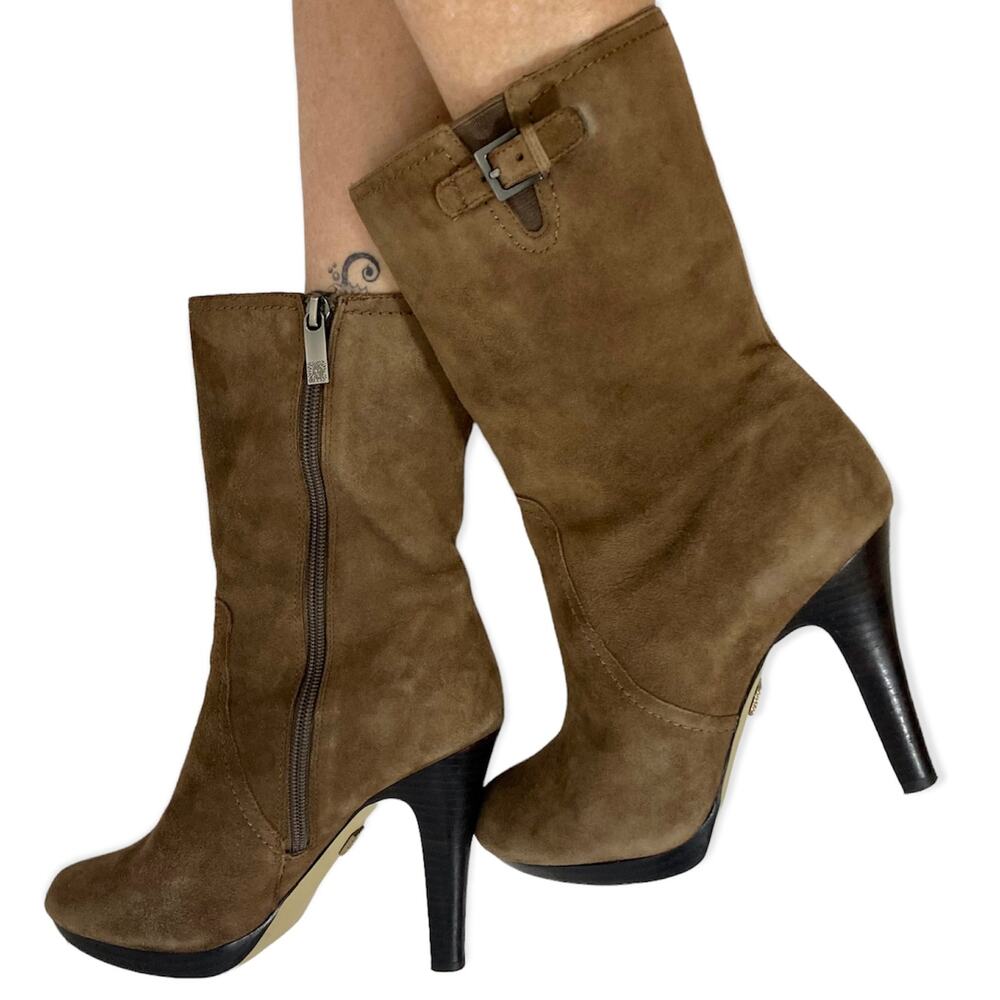 Brown suede mid calf boots, Anne Klein womens 7.5 brown hi heel platform bootie
